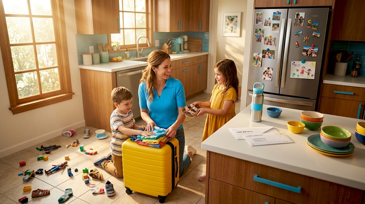 Family packing luggage with travel card visible