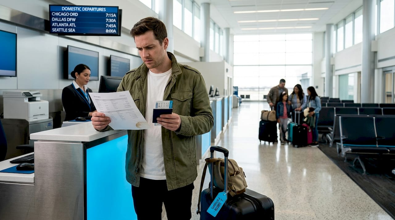 First-time traveler checks documents at airport