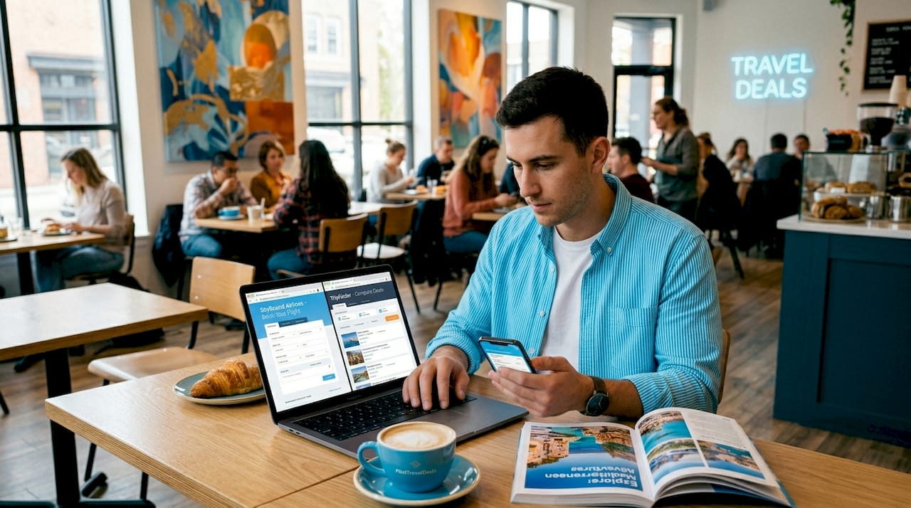 Man verifying fares on two travel sites