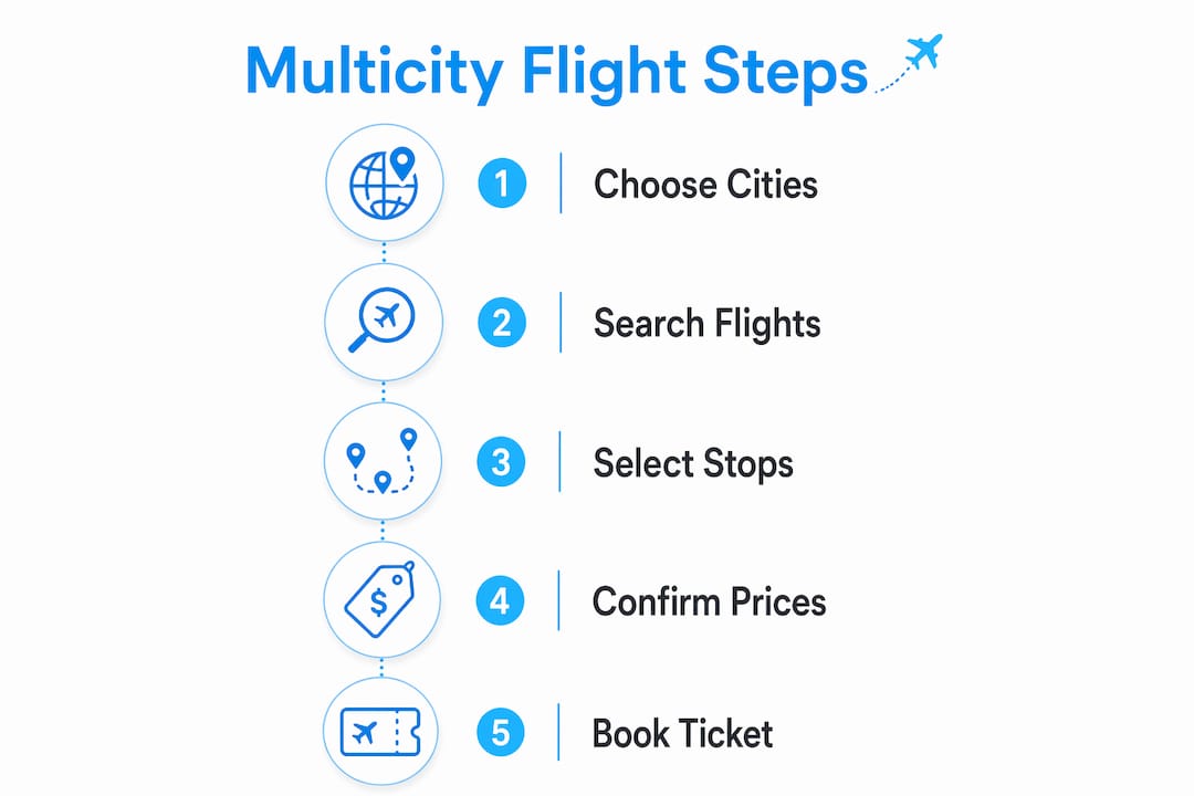 Infographic illustrating steps to book a multicity flight