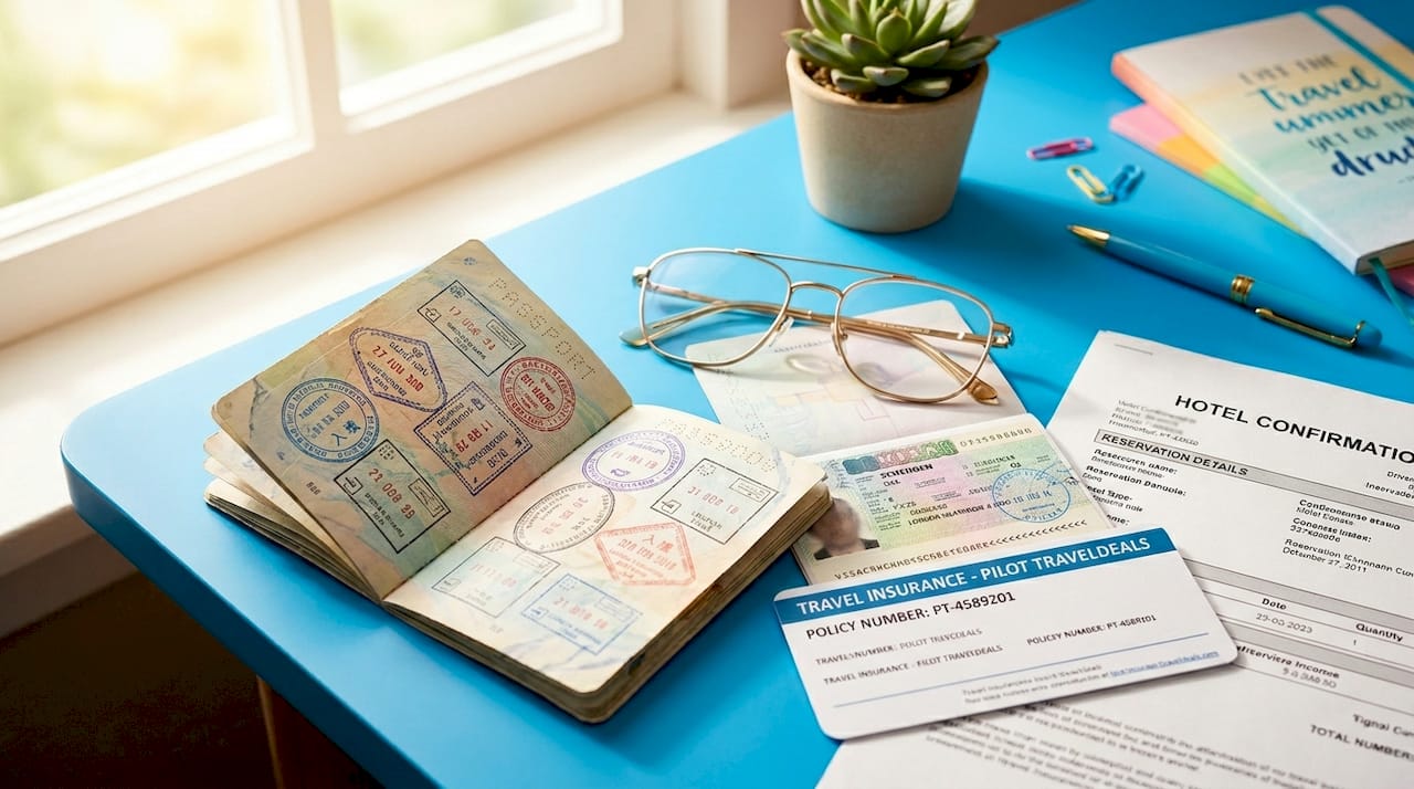 Flat lay of passport, visa, and travel documents