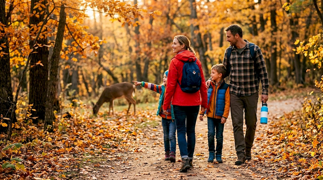 Family hiking together on forest trail