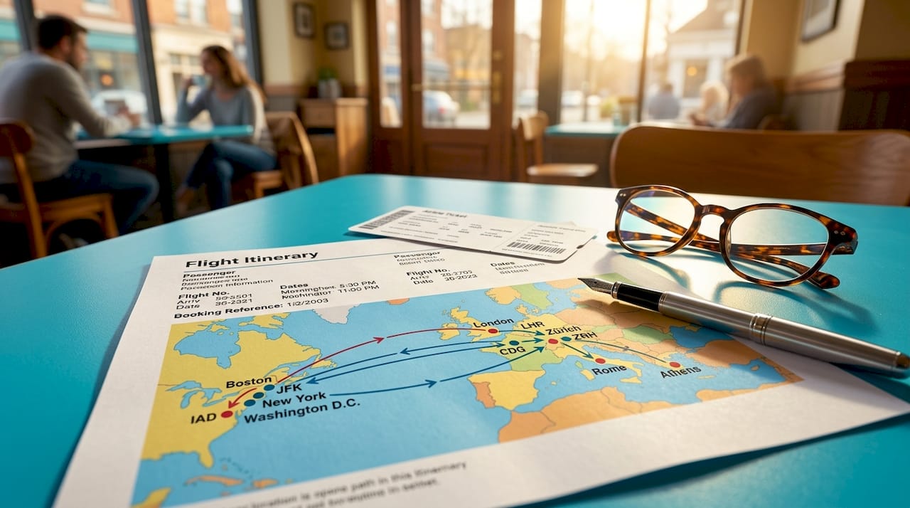 Printed open jaw flight itinerary with map and glasses