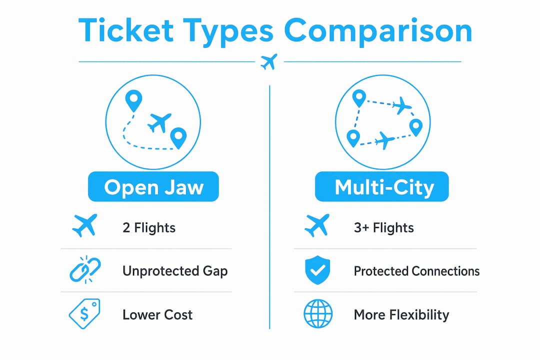 Infographic comparing open jaw and multi-city tickets