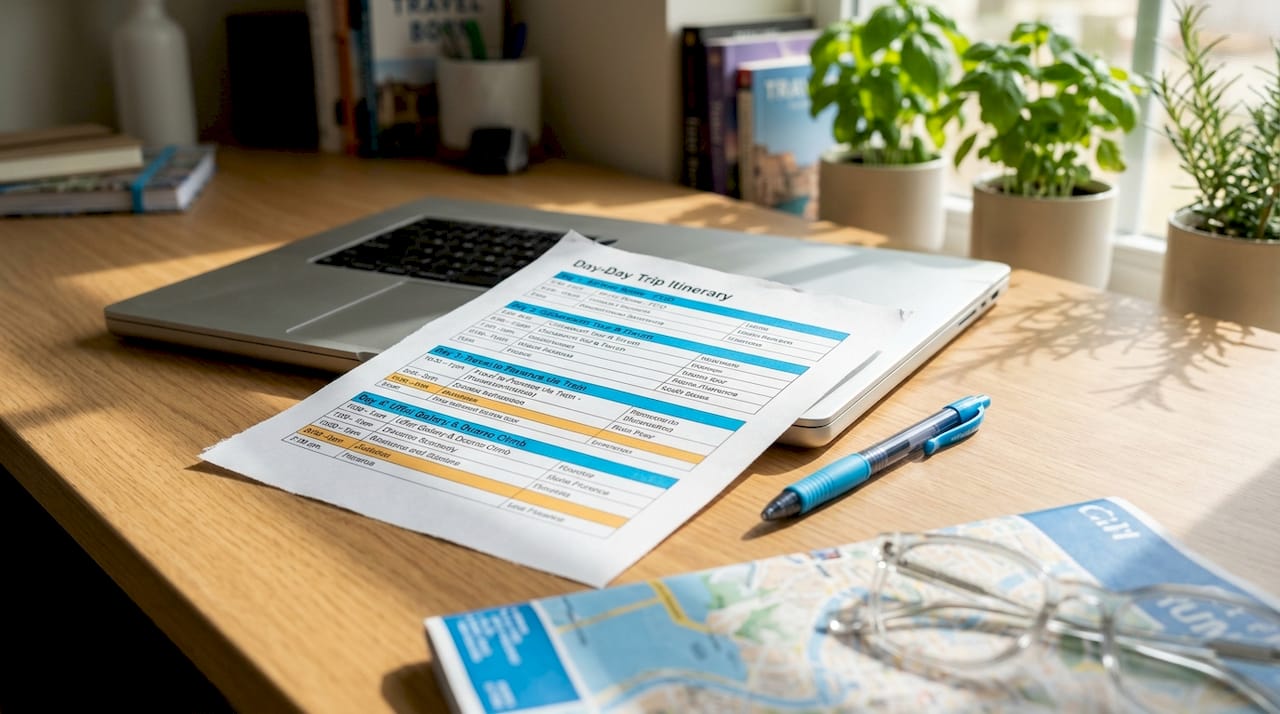 Close-up of printed day-by-day itinerary on desk
