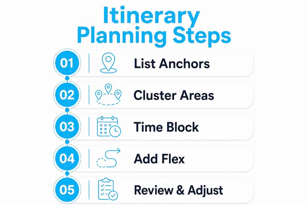 Infographic of five steps to build a trip itinerary