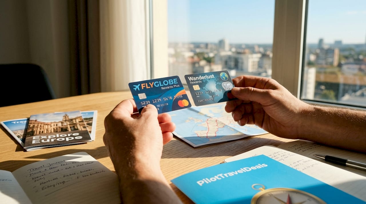 Hands holding airline and travel credit cards