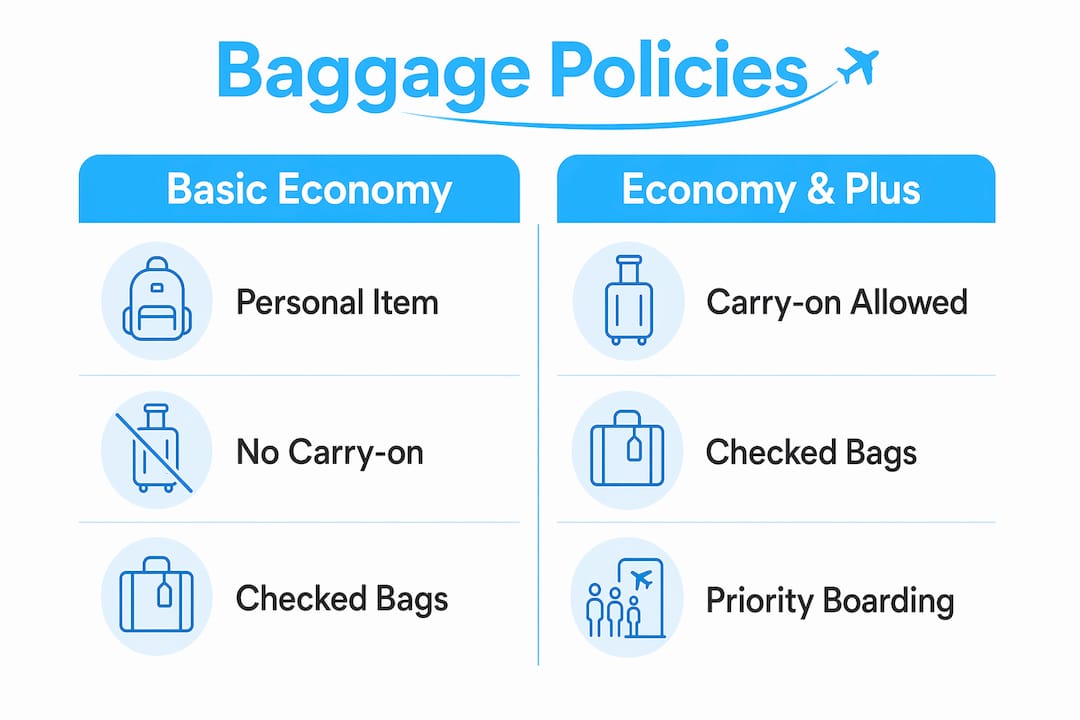 Infographic comparing baggage policies of United economy fares
