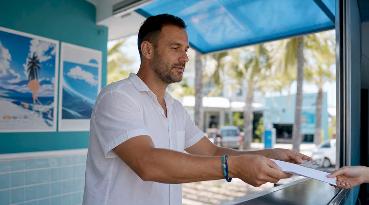 Hands presenting ticketed itinerary at car rental