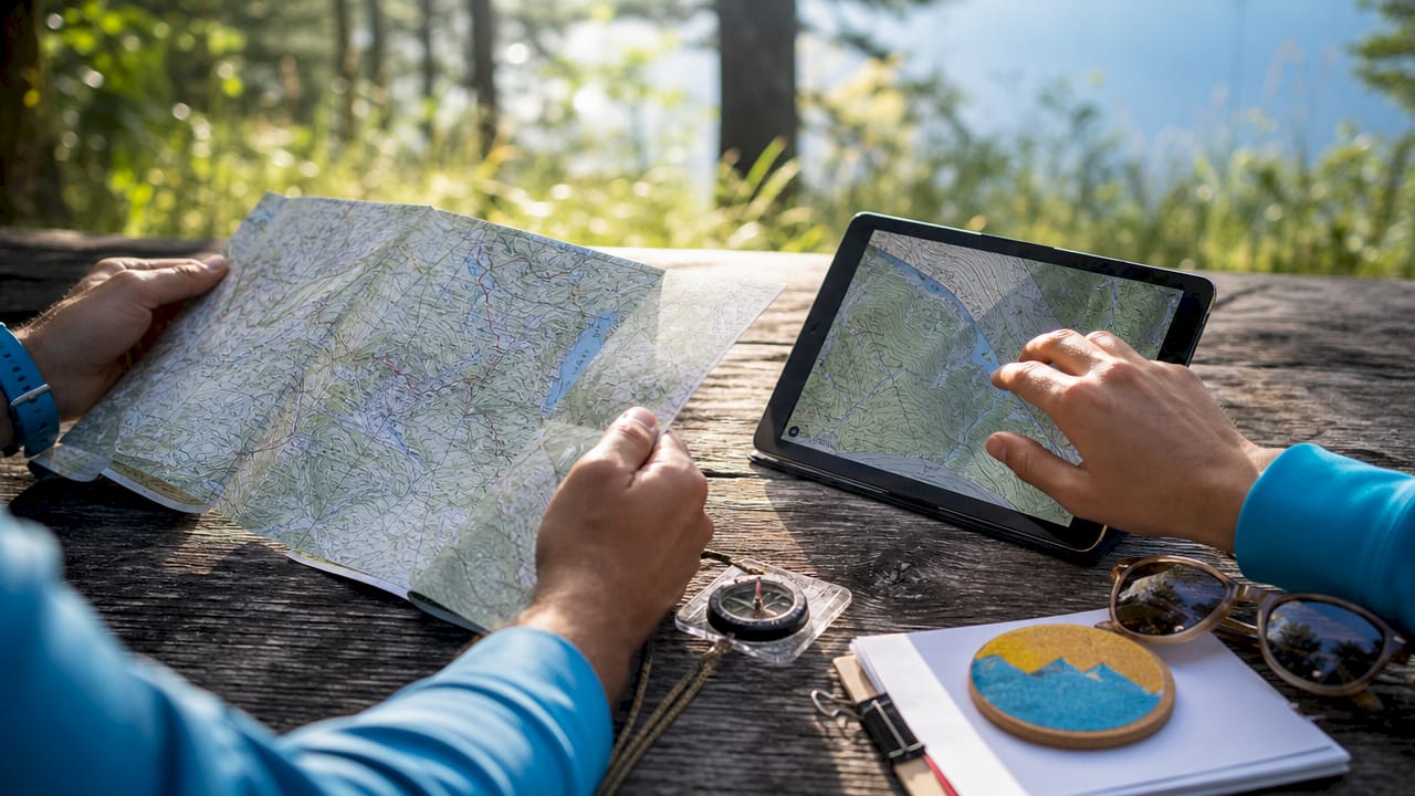 Hands comparing physical map and digital map on tablet