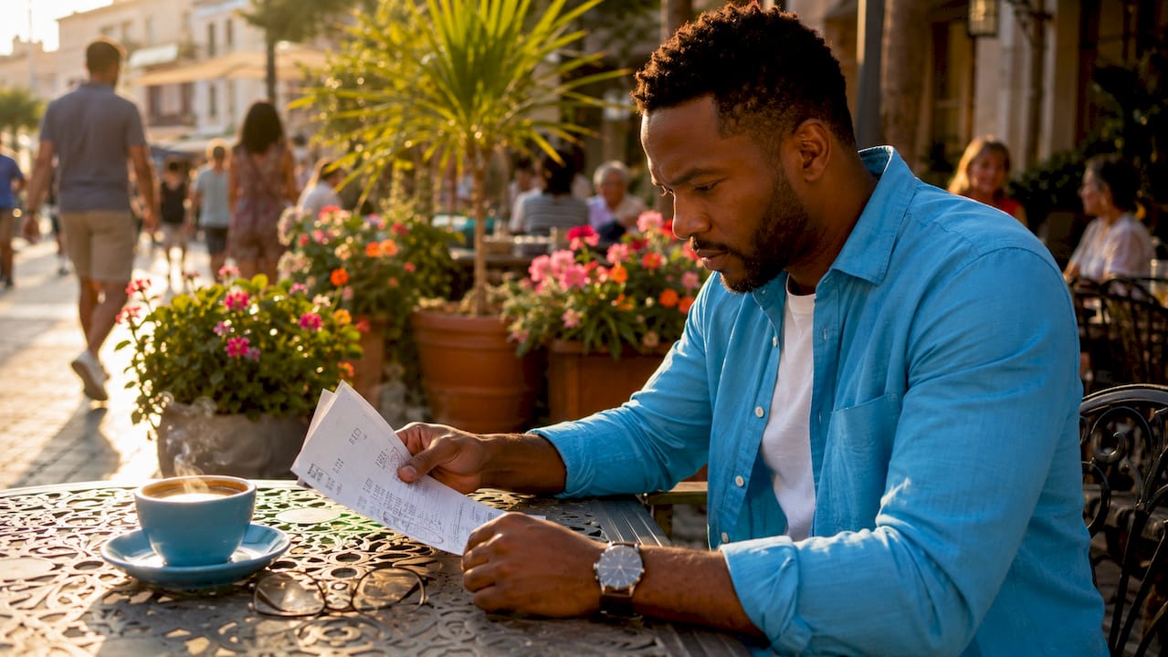Hands reviewing hotel invoice and smartphone