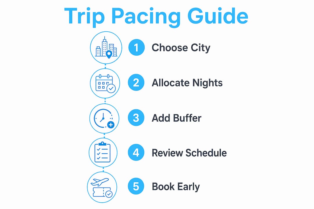 Infographic illustrating pacing steps for multi-city trips