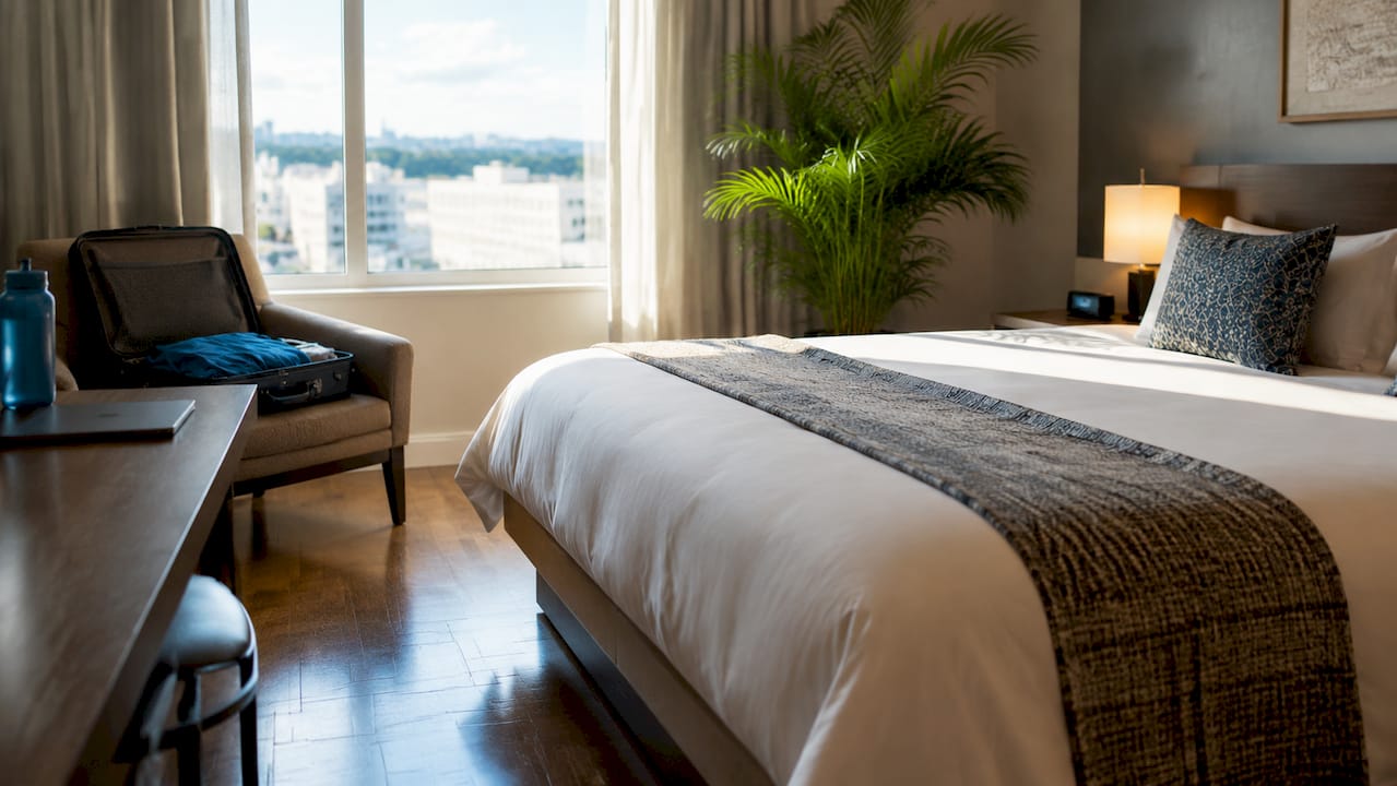 Interior of a hotel day use room with luggage