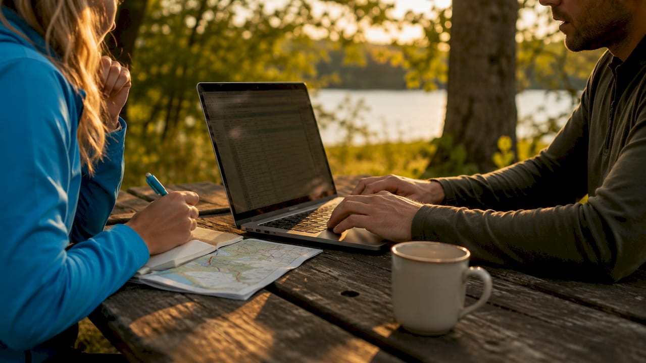 Hands collaborating on travel budget spreadsheet