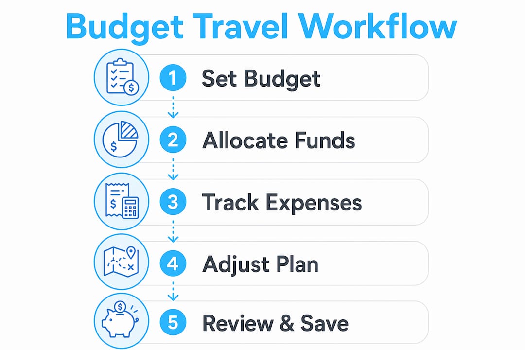 Infographic illustrating budget travel workflow steps