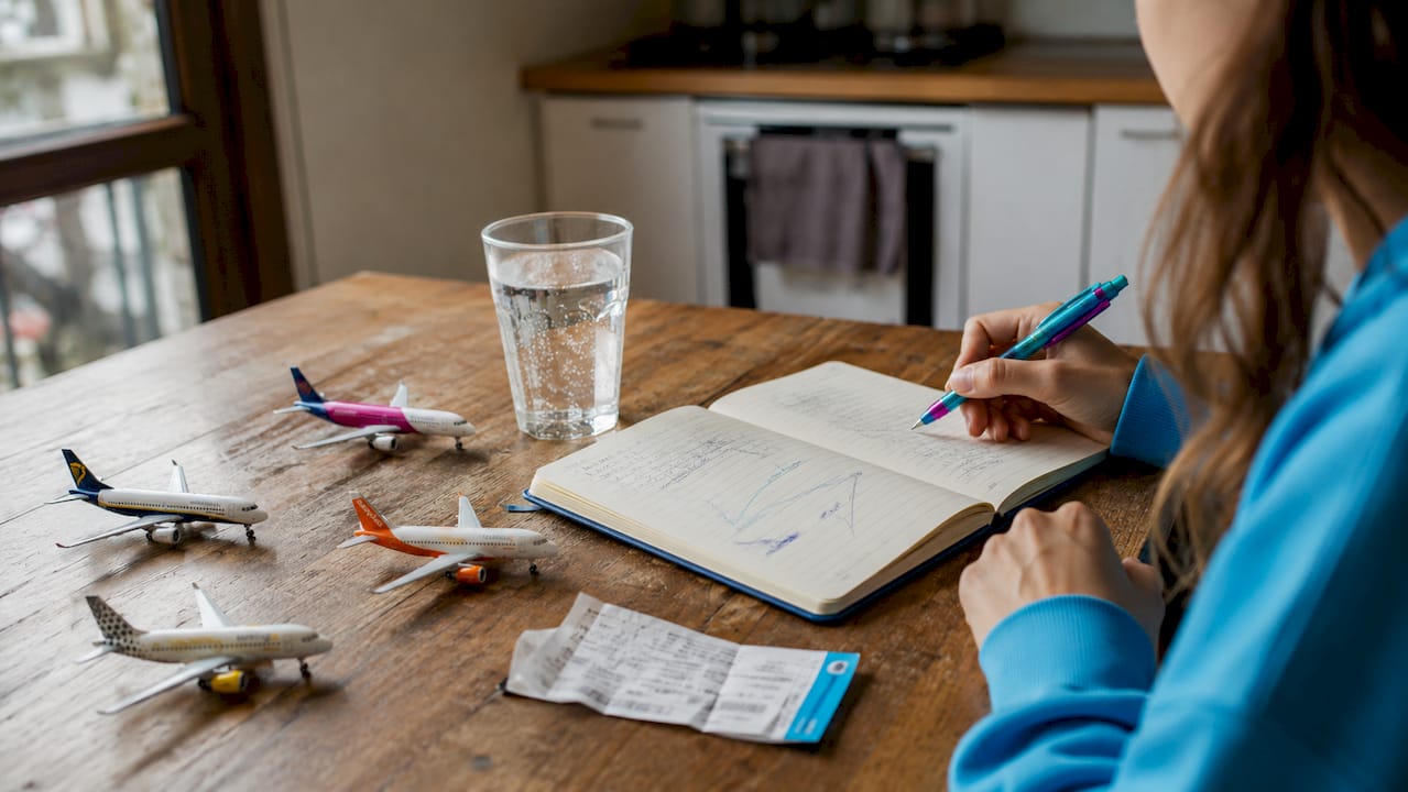 Model planes representing budget European airlines on café table