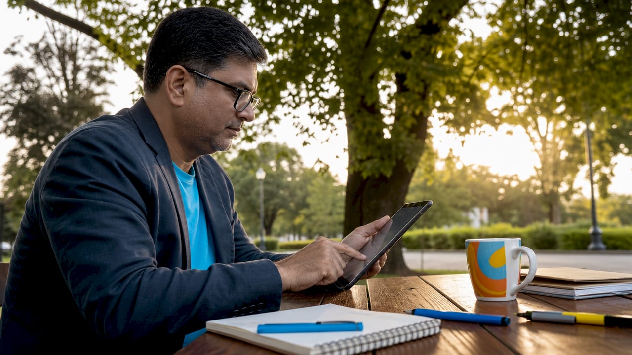 Man using AI travel app tablet indoors