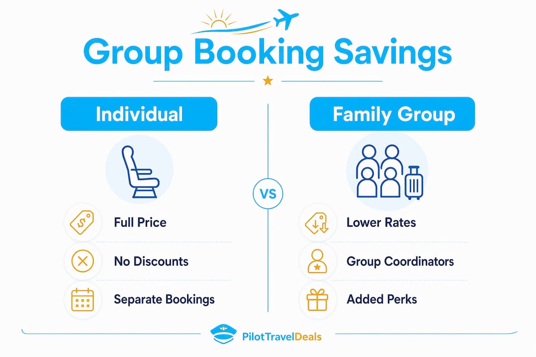 Infographic comparing individual and family group booking savings