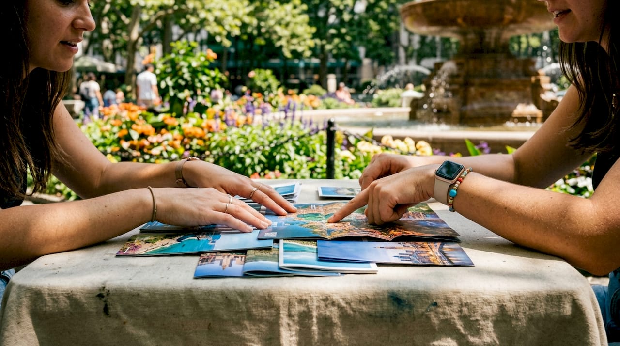 Hands comparing travel package brochures