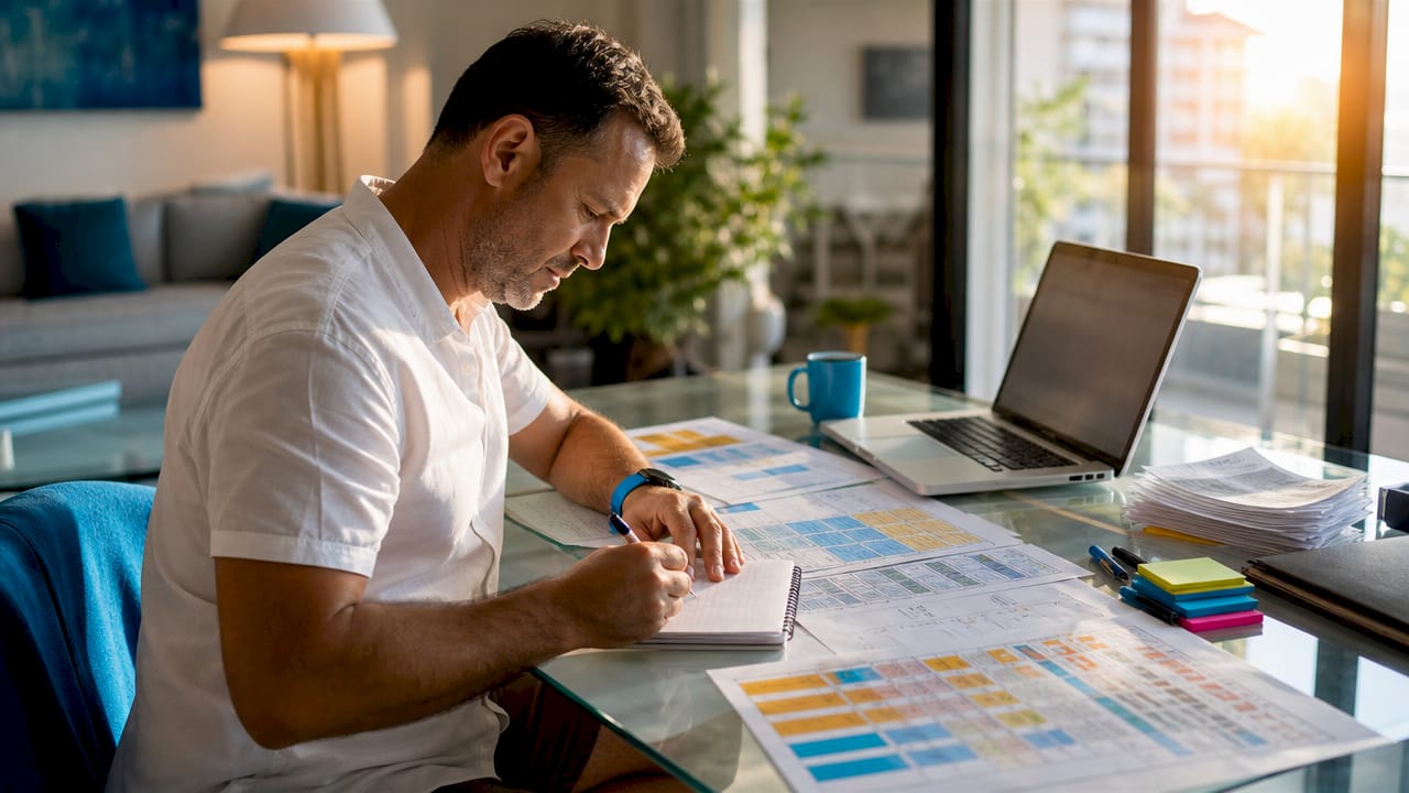 Man analyzing airline fare charts at home desk