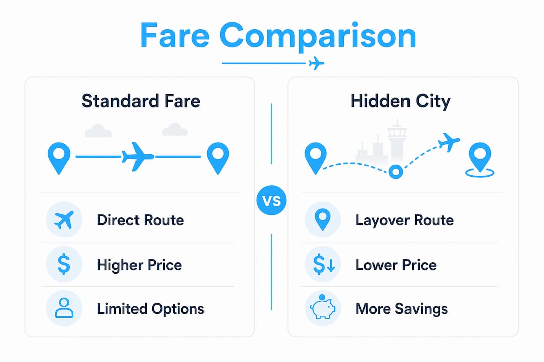 Infographic comparing standard fares and hidden city ticket savings