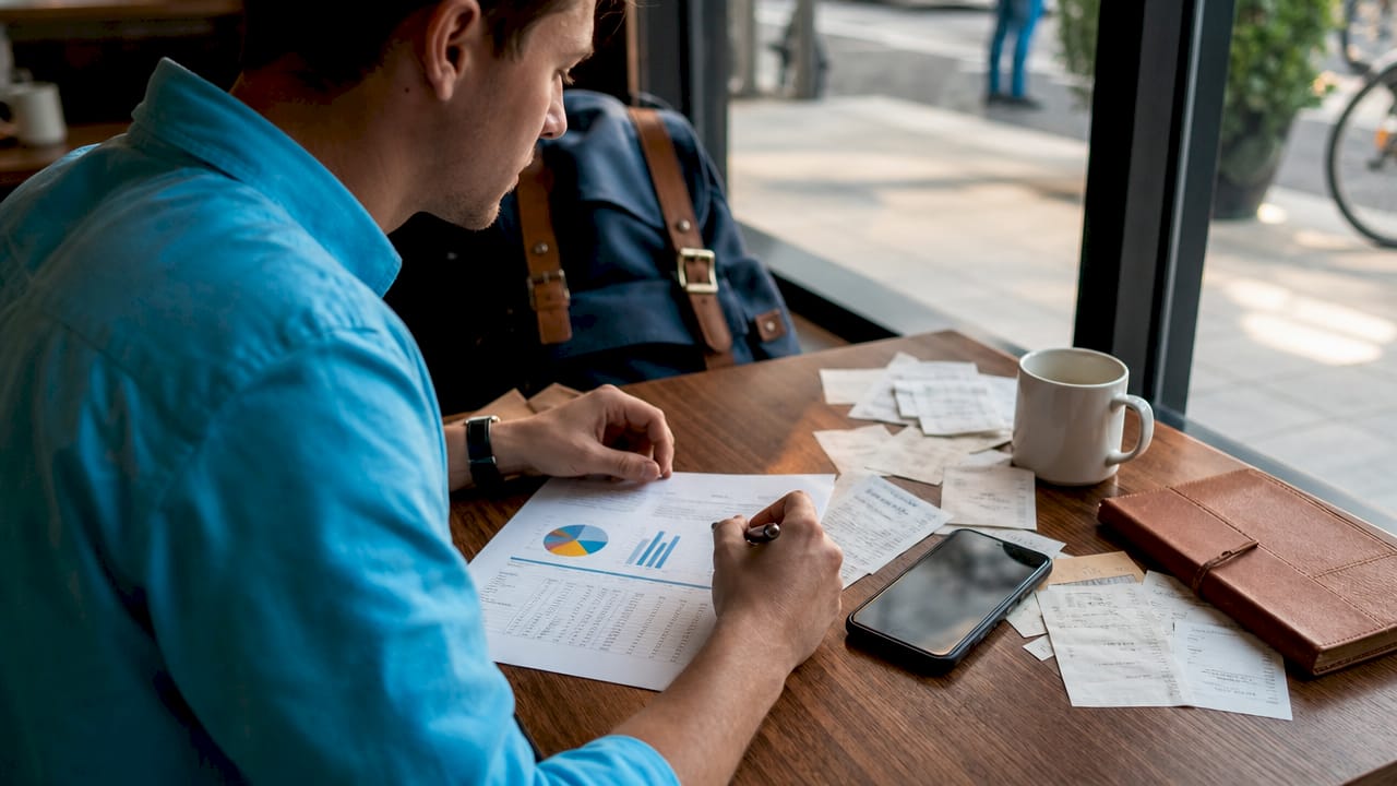 Overhead view of travel expense documents and hands at office table