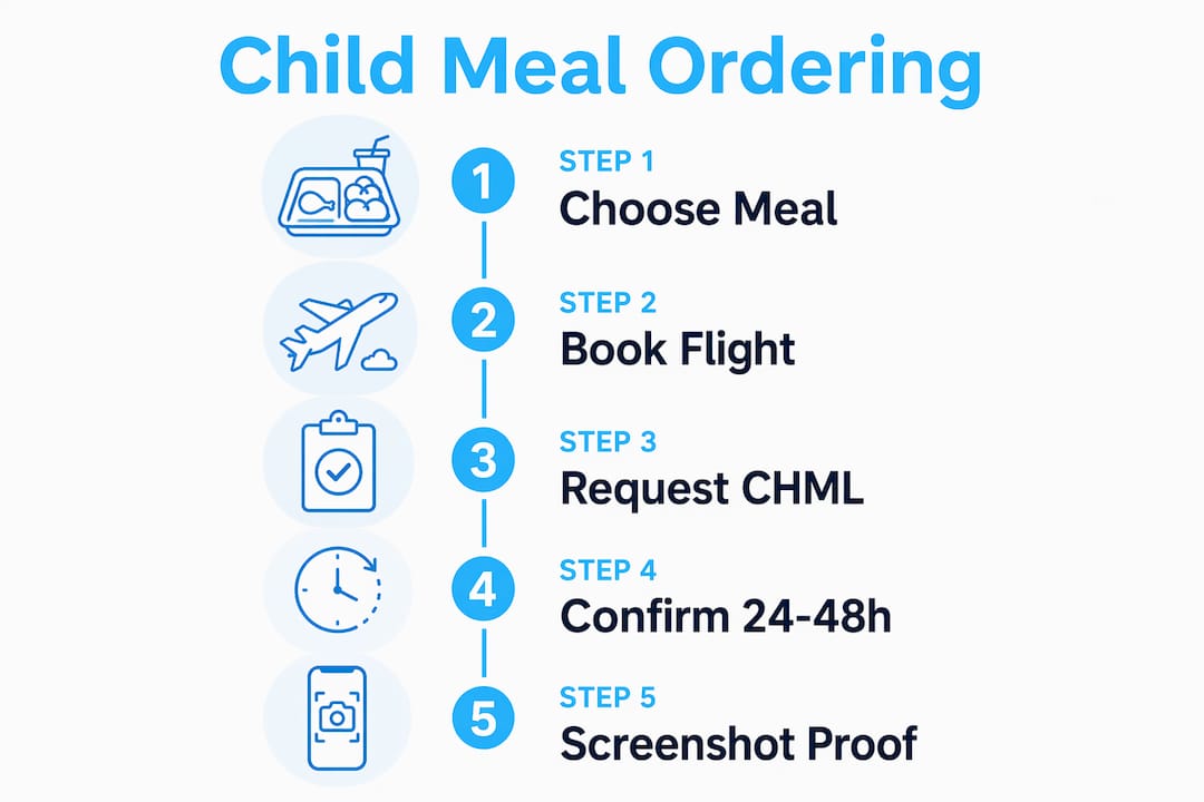 Infographic showing steps to order child meals on flights