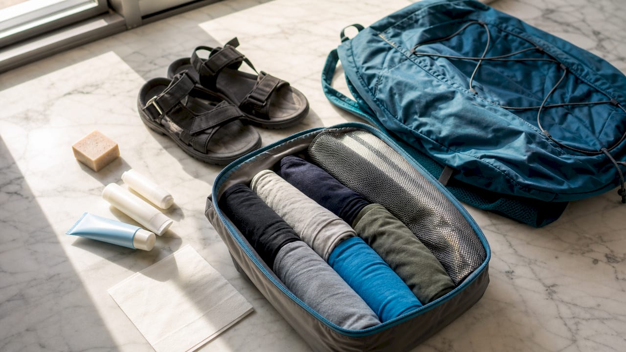 Flat lay of minimalist travel essentials