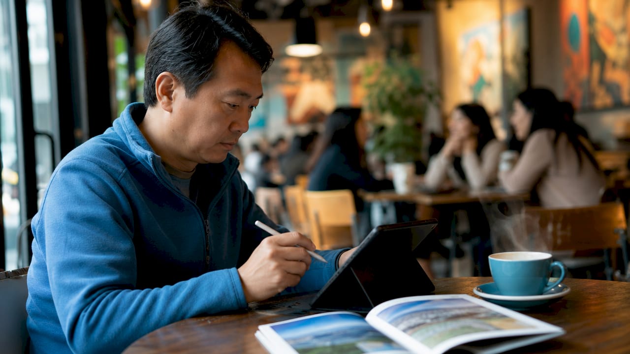 Businessman interacting with travel documents at airport lounge