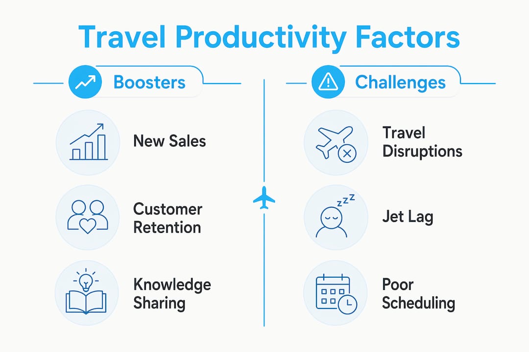 Infographic comparing business travel productivity boosters and challenges