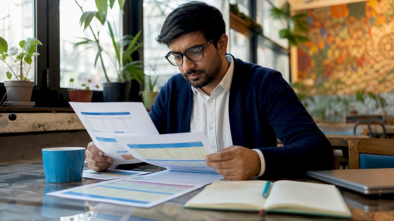Man comparing airfare classes at desk
