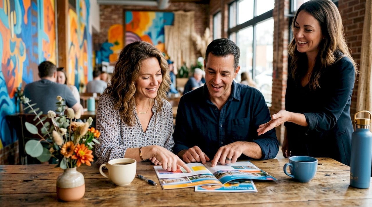 Couple reviewing all-inclusive resort packages in agency