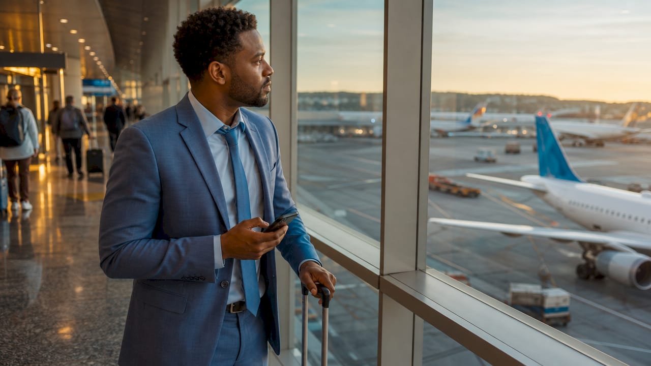 Business traveler checking flight schedule