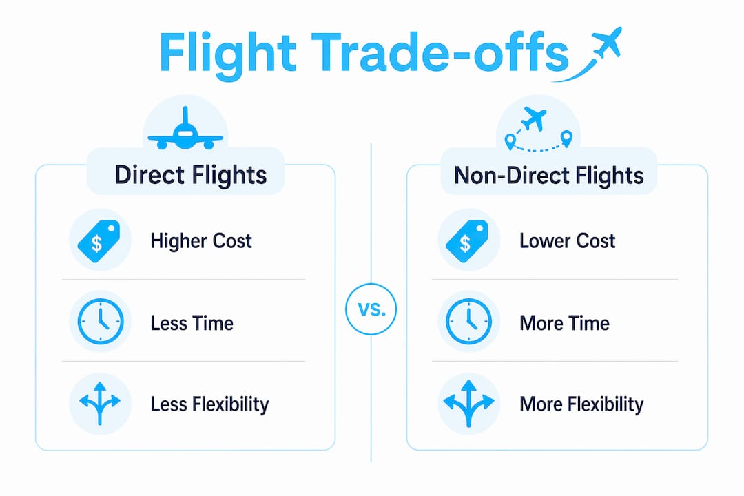 Infographic comparing direct vs non-direct flight trade-offs