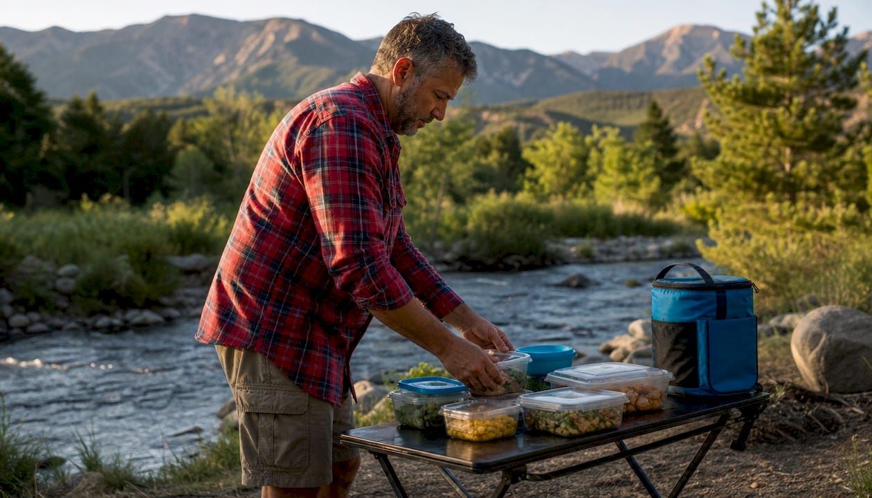Man organizing prepared meals at road trip rest stop