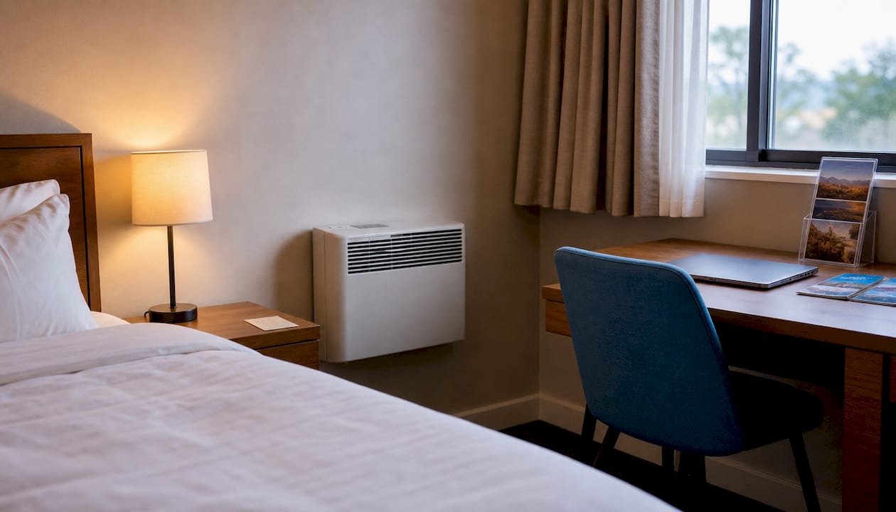 Typical budget hotel small bedroom interior