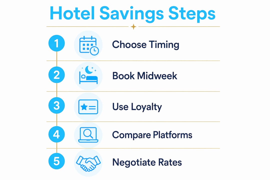 Infographic illustrating hotel savings steps flow