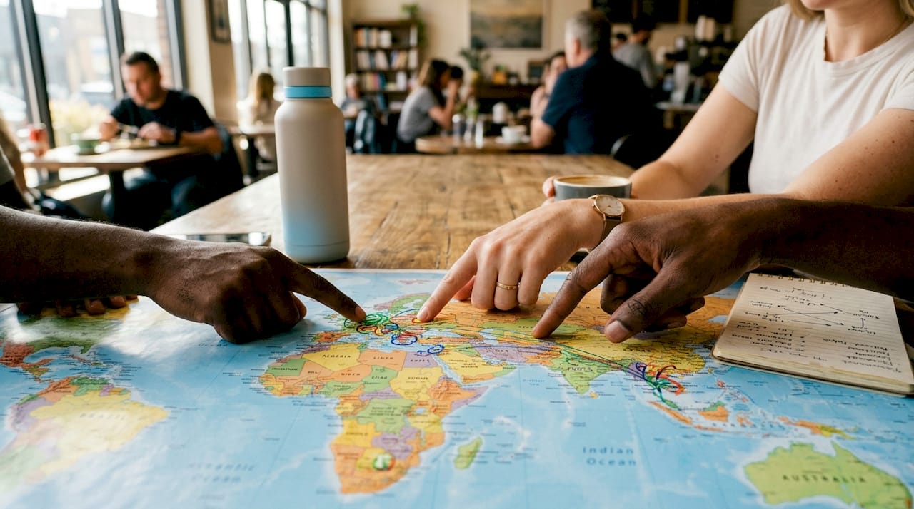 Hands planning flight departure dates on calendar