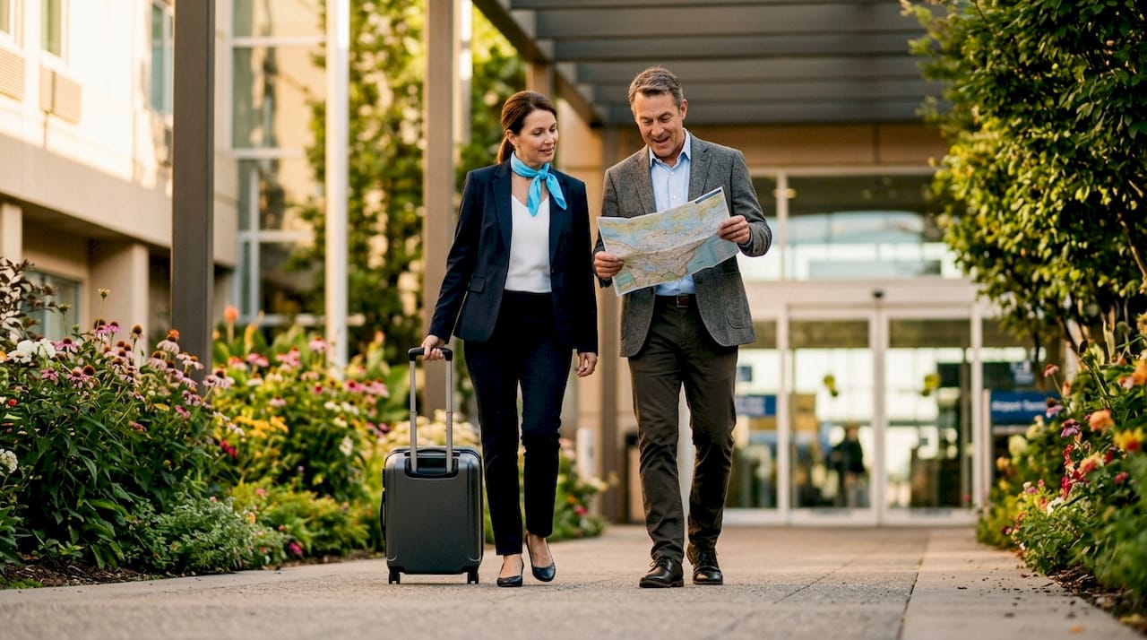 Couple walking through airport hotel terminal passage