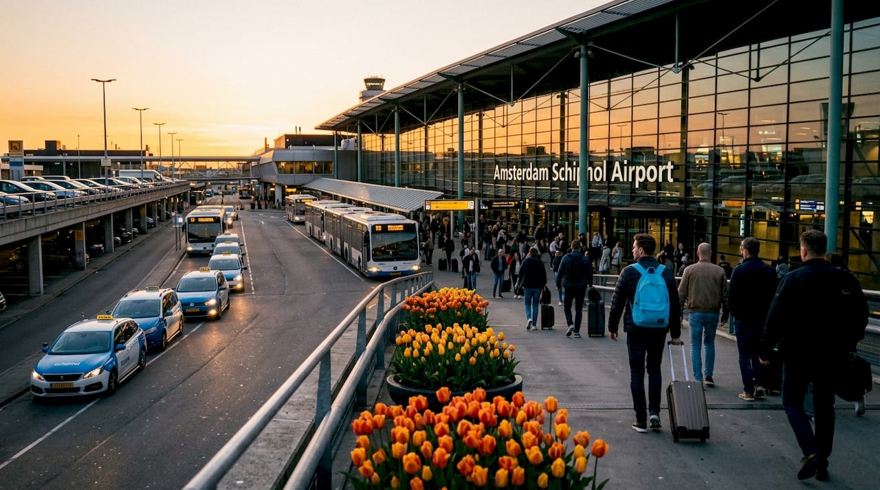 Exterior view of Amsterdam Schiphol Airport entrance