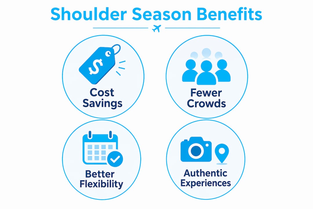 Infographic showing shoulder season travel key benefits