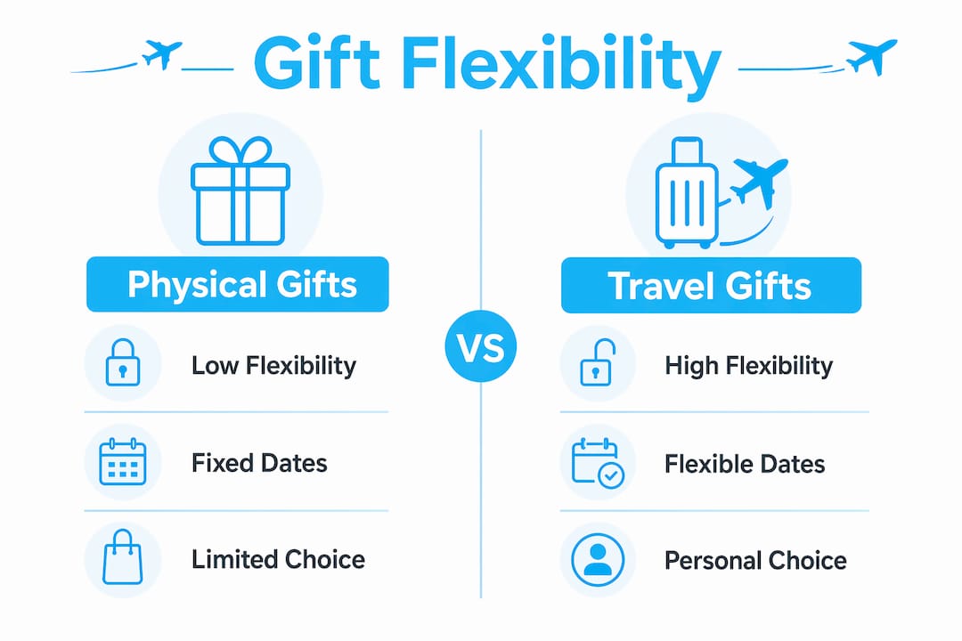 Infographic comparing physical gifts and travel gift flexibility