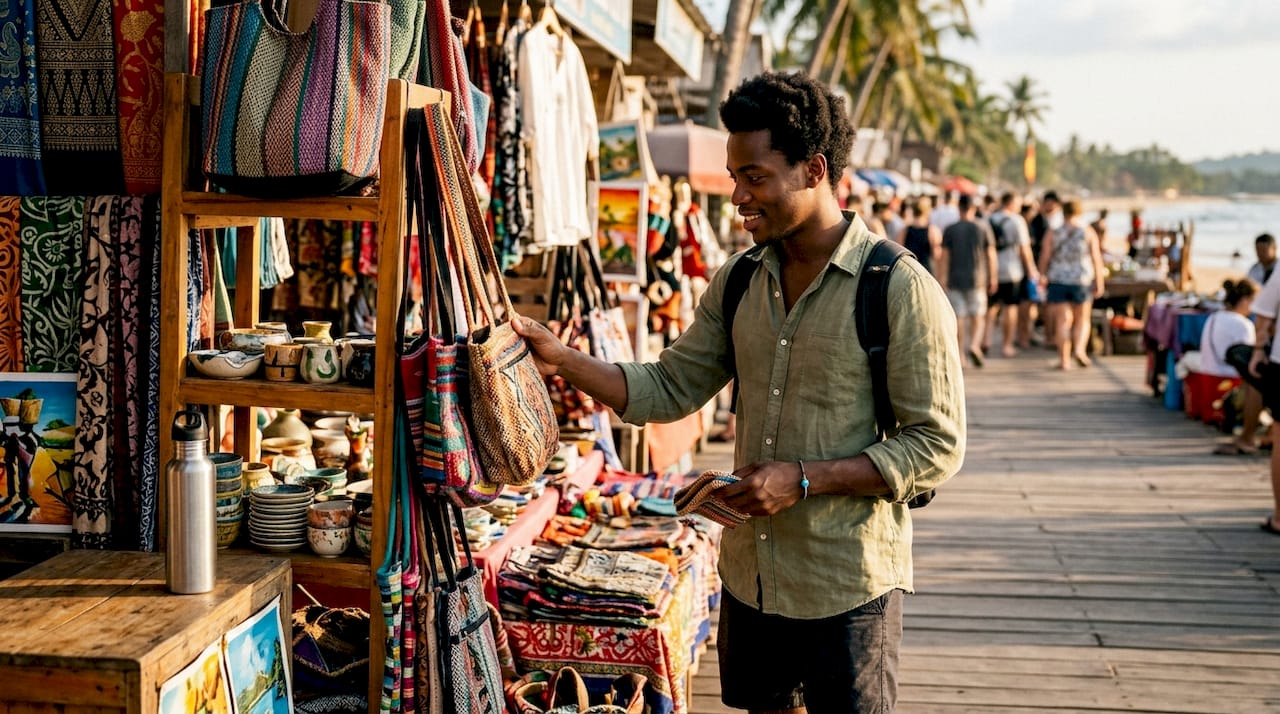 Man exploring colorful outdoor market stalls
