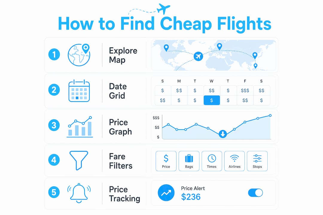 Infographic outlining steps to find cheap flights on Google Flights