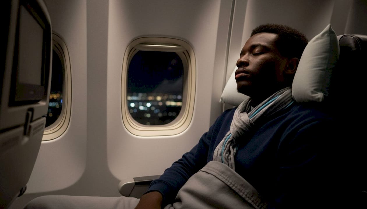 Passenger resting in airplane window seat