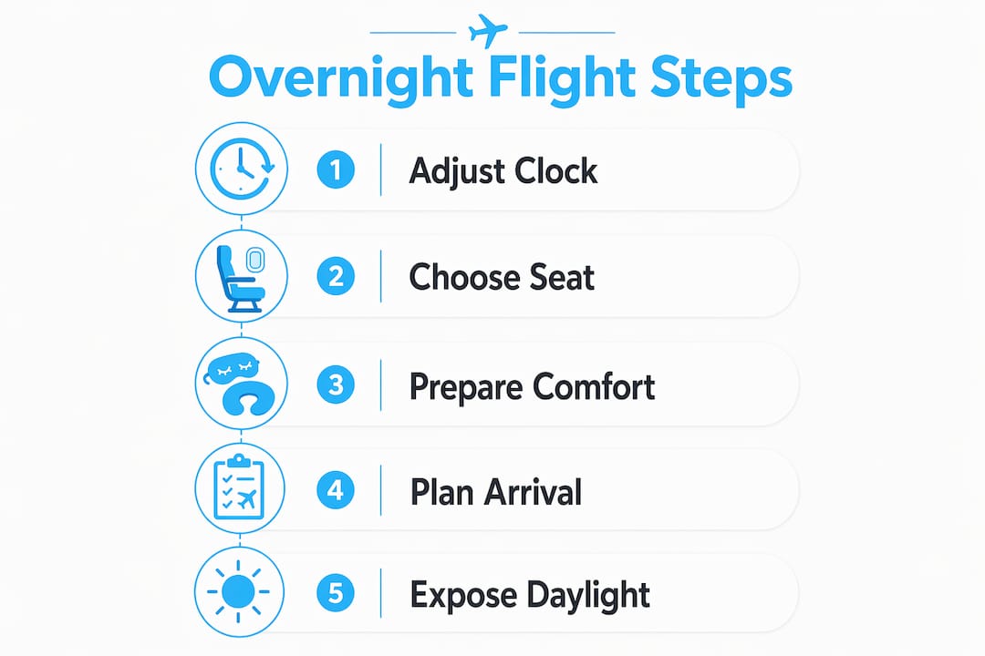 Infographic showing steps for overnight flight rest strategy