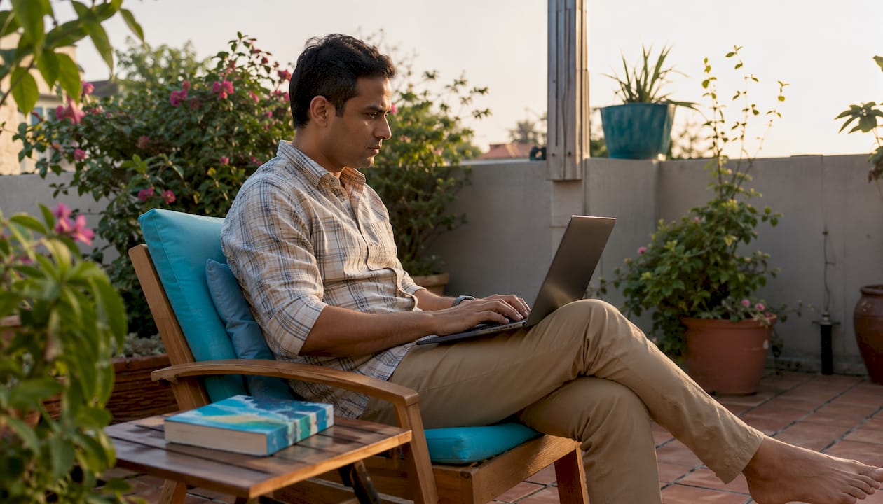Man using laptop for flight search tools in coworking space