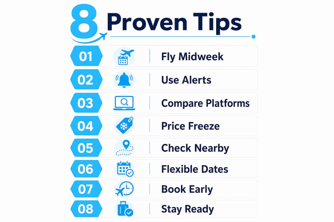 Infographic showing 8 tips to get cheap same day flights