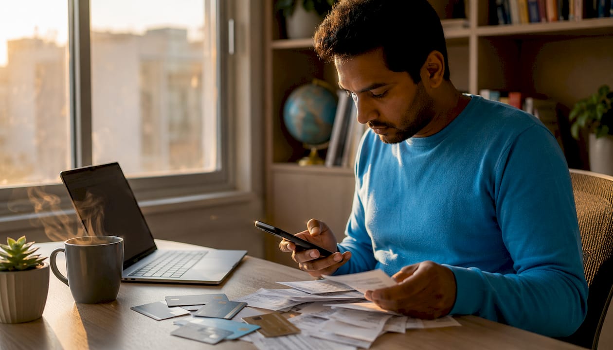 Hands sorting credit cards with receipts and phone