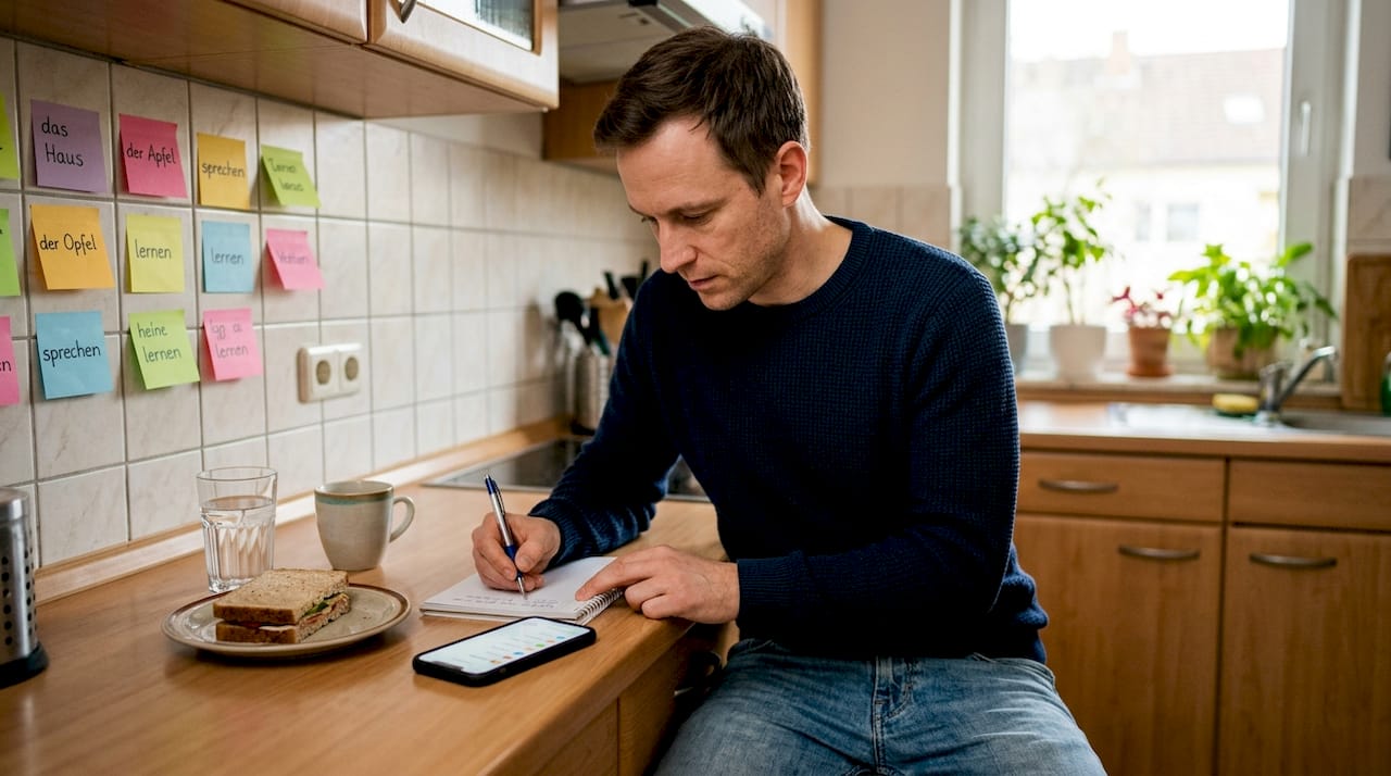 Man practicing German on phone at kitchen counter